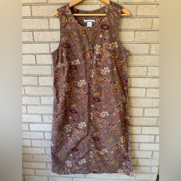 Vintage Dresses & Skirts - Vintage Corduroy Brown Paisley Floral Jumper, Midi Dress, Size Medium